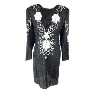 Sweelo Vtg Womens Sheath Dress M Medium Black Floral Beaded Natural Silk 80s 70s